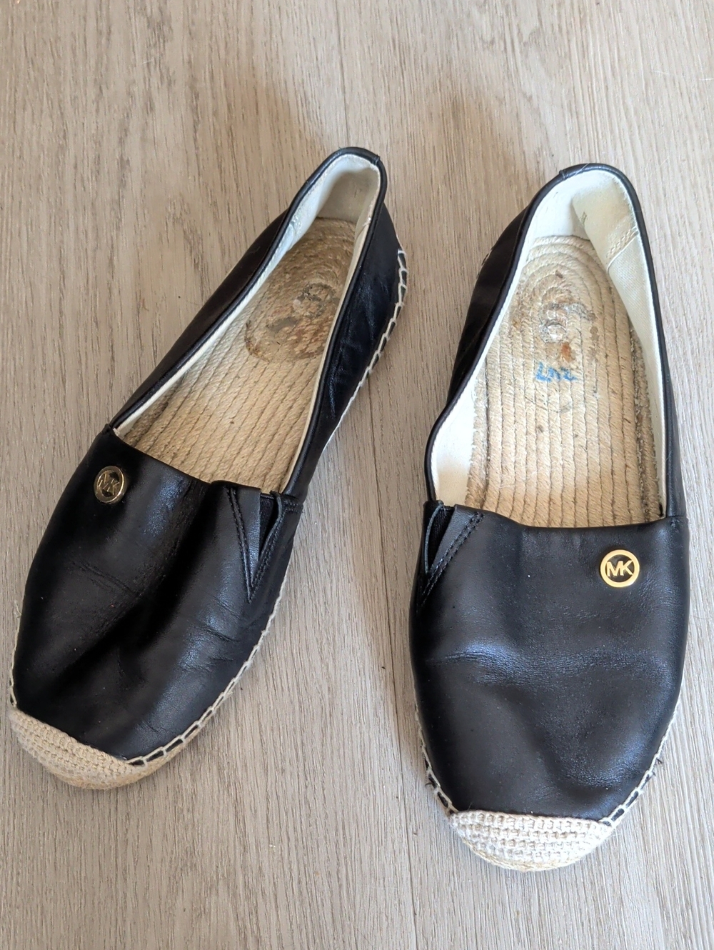 Michael Kors Black Leather Espadrille Flats with Gold MK Medallion